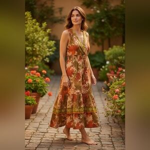 Chaudry Sleeveless V-Neck Tiered Maxi Dress in Rust Green Floral Sz M NWT